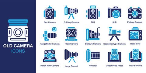 Old Camera icon set. Containing old, retro, vintage, camera, photo, and more. Solid vector icons collection. Vector illustration.