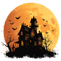 Spooky house, Halloween symbols in illustrative style, isolated on transparent background, professional graphic design, high resolution. 
