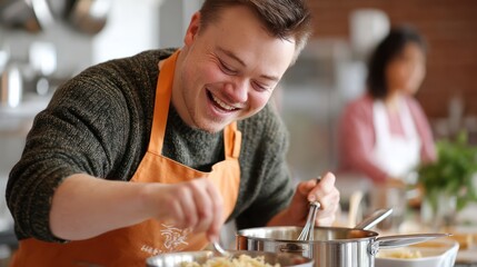 Culinary workshop. Man with Down syndrome enjoying cooking in a cozy kitchen