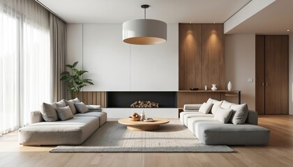Fototapeta premium Modern minimalist living room with light wood floors, featuring grey sectional sofa, fireplace, minimalist decor. Bright white walls, natural light from large windows, warm wood accents create calm,