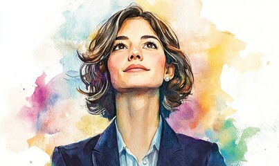 Watercolor portrait of a confident woman looking upwards with a hopeful expression