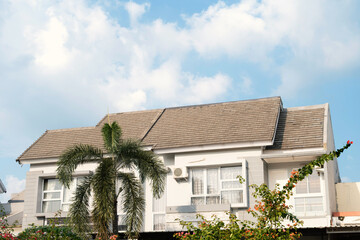 white modern house exterior in morning view, 