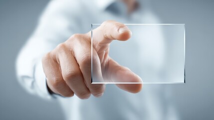 A person's hand points to a clear glass or plastic card. Including new payment methods, smart security access, digital wallets, data transport, and creative networking technologies. 