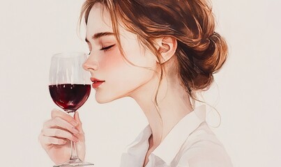 Watercolor painting of a serene woman enjoying a glass of red wine