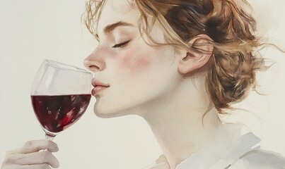 Watercolor painting of a woman tasting red wine with eyes closed