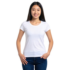 Obraz premium Young woman wearing a plain white fitted t-shirt and blue jeans, smiling with long straight black hair and a relaxed, confident posture