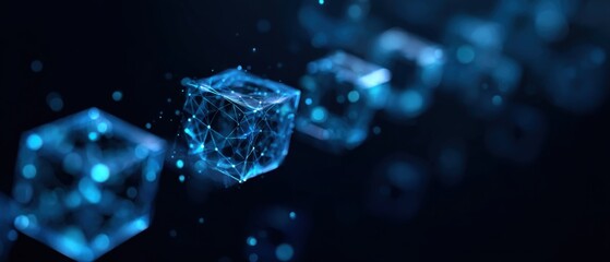 Abstract digital cubes in motion on a dark background.  Light blue glowing translucent cubes with interconnected lines, creating a 3D effect.  Soft, diffused light