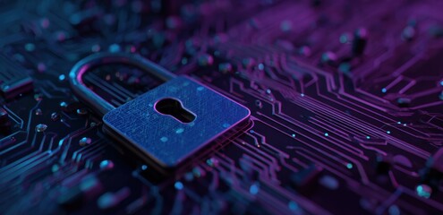 Close-up of a metallic padlock on a circuit board, illuminated by vibrant purple and blue light