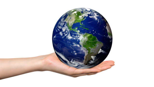 Human hand holding planet earth isolated on a transparent background globe world