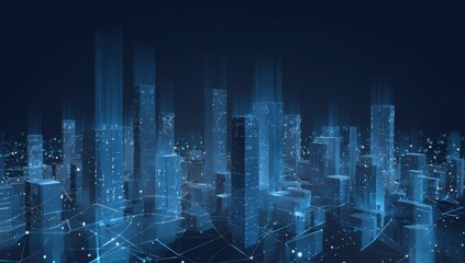 Futuristic city skyline, digital network.  Abstract cityscape,  glowing lines, interconnected buildings,  night view