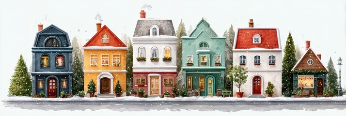 Charming winter streetscape with colorful houses and snow-covered surroundings in a quaint neighborhood