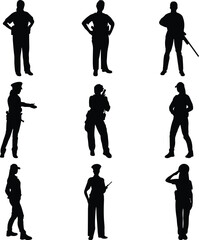 Female police officer silhouettes, black figures, nine poses, uniformed personnel, white background, law enforcement, gesture, authority, stance