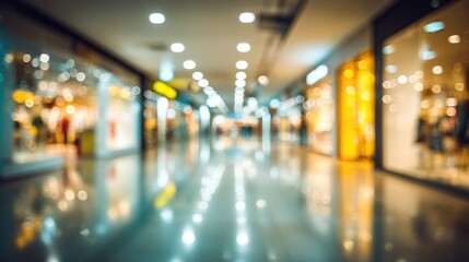 Blurry view of a shopping mall hallway with glossy floors reflecting the lights from the shops. Warm tones and out-of-focus details