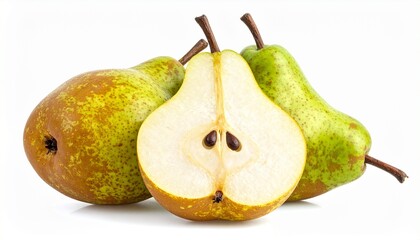 Three pears including two whole and one sliced vertically showing seeds and creamy interior against white background for culinary educational and natural product visuals