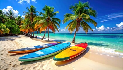 Vibrant colorful stand-up paddleboards rest on a pristine tropical beach, bathed in sunshine and surrounded by lush green foliage.