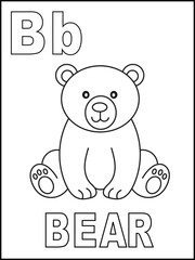 Letter B Alphabet Coloring Page for Kids. Cute Cartoon Bear Illustration with Uppercase and Lowercase B. Fun Educational Black and White Line Art Worksheet for Preschool and Kindergarten Learning