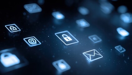Abstract digital interface with glowing security icons