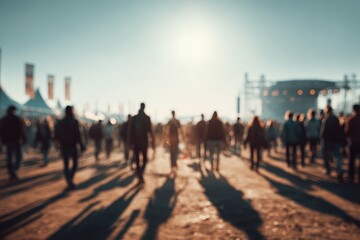 Obraz premium Blurred crowd at an outdoor event under bright sunlight, featuring a stage structure in the background. Warm tones dominate the image