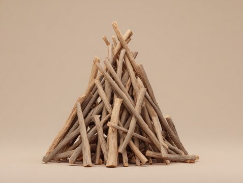 A conical pile of light brown, slender sticks rests on a pale beige background, suggesting kindling or firewood ready for a fire - Powered by Adobe