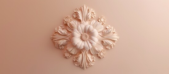 A white plaster rosette with ornate floral details on a beige background.
