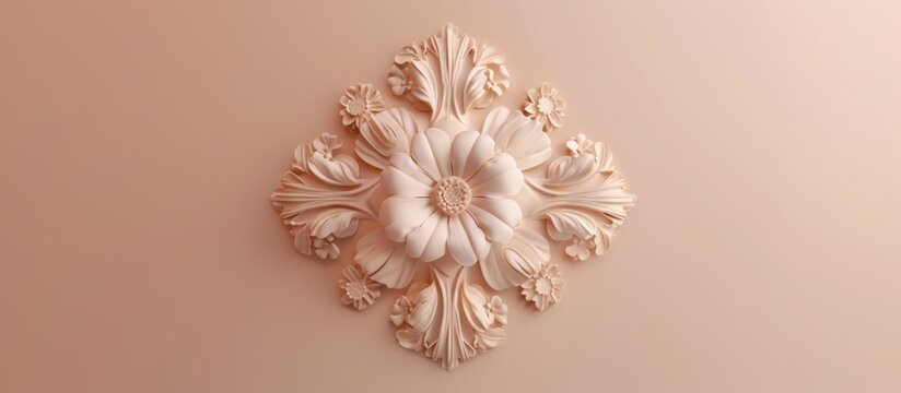 A white plaster rosette with ornate floral details on a beige background.