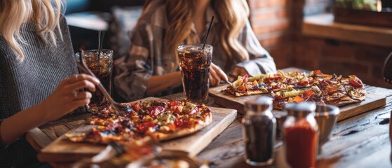 The Pizza Night with Friends Sharing Rustic Pizzas and Cola Drinks at a Wooden Table