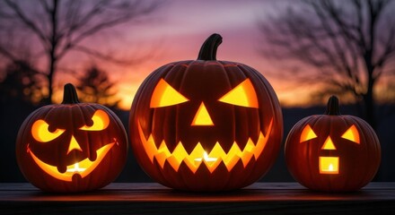 Trio of Glowing Jack-o'-Lanterns at Twilight, Halloween Night