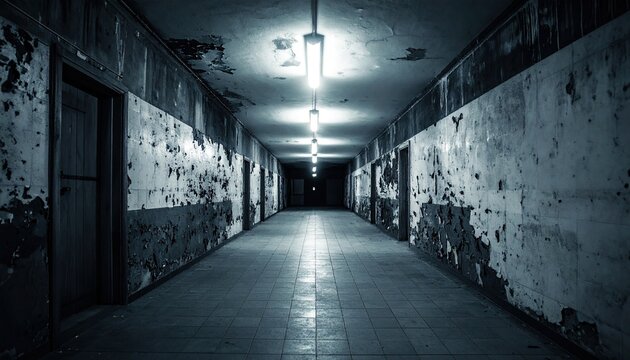 Gloomy Abandoned Hallway Perspective with Dim Fluorescent Lights and Decaying Walls and Doors Creating a Creepy Atmosphere - Powered by Adobe