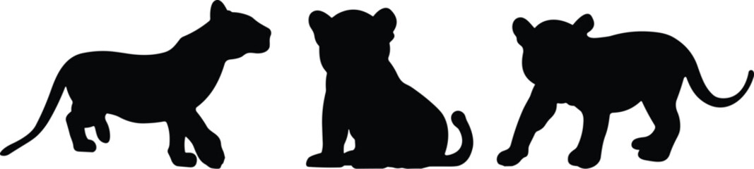 Lion cub silhouettes in black, walking, sitting, standing, side view, animal posture, isolated, wildlife, safari, feline