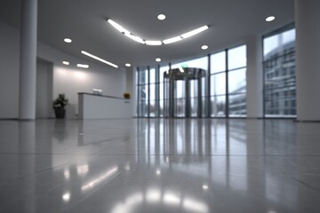 Fototapeta premium Blurred interior with shiny tiled floor leading to a revolving door, illuminated by artificial lighting. Soft focus creates a sense of spaciousness