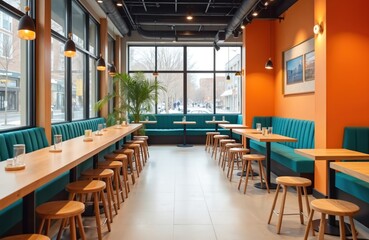 Fototapeta premium Modern fast food restaurant interior features minimalist design with vibrant teal and orange accents. Natural light floods through large windows, illuminating wood tables and light oak stools.