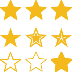 Set of golden rating stars, 3D yellow star icons, feedback symbols, review UI elements, ranking vector graphics for web