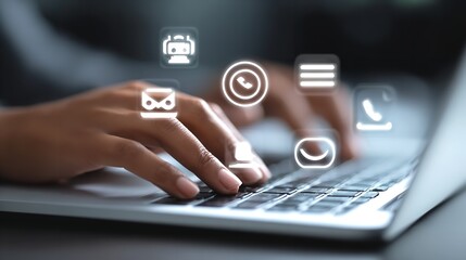 Hands on Laptop with Communication Icons Showcasing Digital Connection