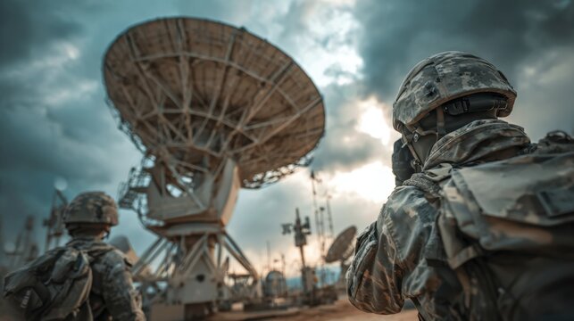 soldiers guarding satellite array