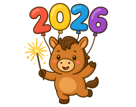 Cute cartoon horse holding balloons with the year 2026 and a sparkler, isolated on transparent background