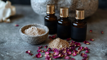 Spa-inspired scene with Ayurvedic face oils, sandalwood scrub