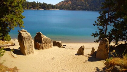 Lakeside sandy beach with rocks