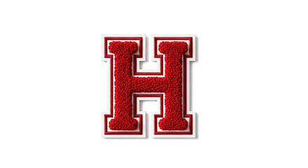 A red varsity letter h with a textured surface and white and red trim isolated on a white background
