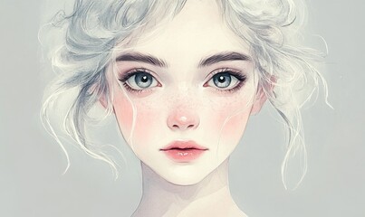 Close up of a digitally painted ethereal young woman with freckles