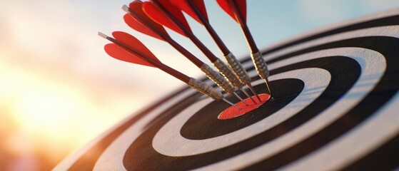 The target with five red darts hitting a bullseye at sunset