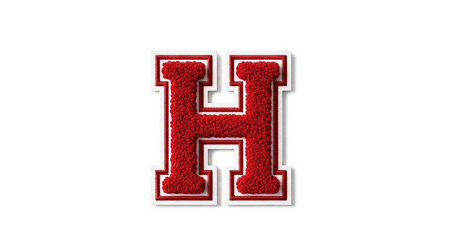 A red varsity letter h with a textured surface and white and red trim isolated on a white background
