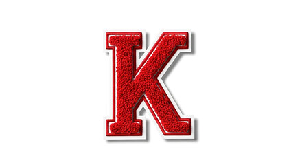 A textured red letter k with a white trim isolated on a plain white background resembling a traditional varsity letter patch