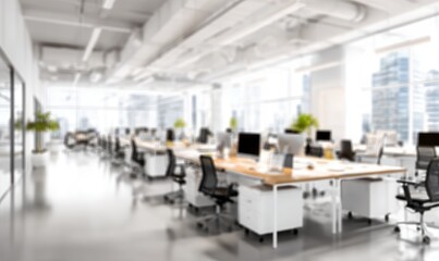 Blurry, bright office space with desks, chairs, and computers.  Large windows reveal a cityscape. Light floods the interior, creating a modern vibe