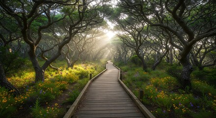 Fototapeta premium Sunlit wooden path through forest