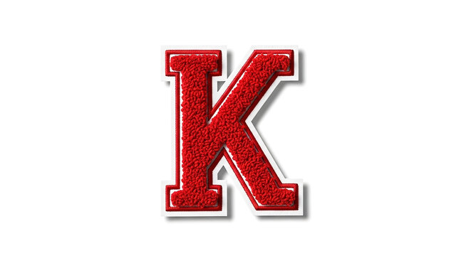 A textured red letter k with a white trim isolated on a plain white background resembling a traditional varsity letter patch