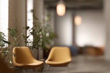 Interior with mustard chairs & plants by windows. Soft lighting & blurred background create a cozy, inviting atmosphere in the minimalist space