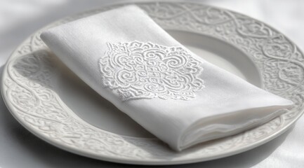 A crisp white linen napkin, intricately embroidered with a central circular design, rests on an ornate white plate, subtly textured with a similar pattern.  Soft light enhances the details