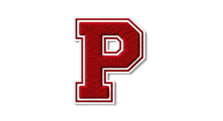 A red varsity letter p with white trim and a textured surface isolated on a plain white background