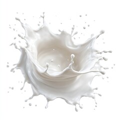 A crown-shaped splash of creamy white liquid, dynamically exploding outwards against a stark white background, showcasing its texture and fluidity