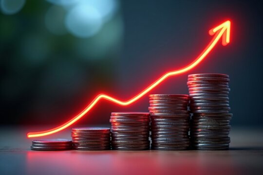 Financial growth and profit increase with rising stacks of coins and upward red line graph indicating successful investment